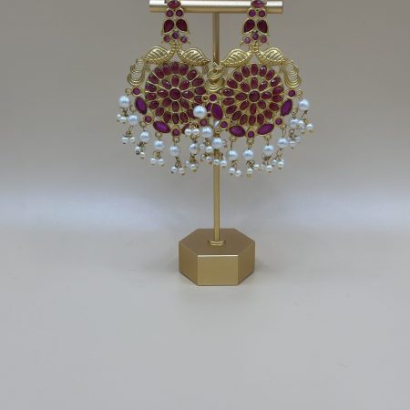 Large gold plated earrings with faux pearl tassels pink stones