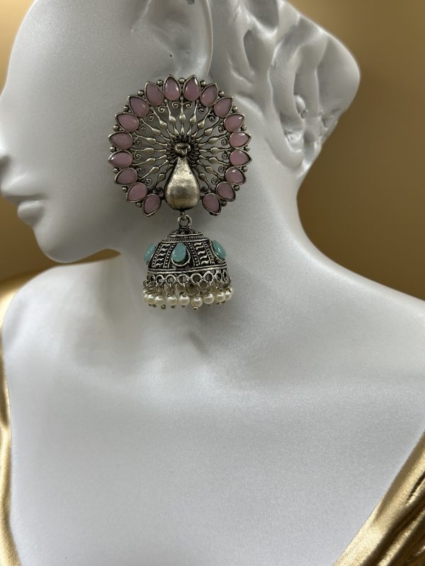 Large peacock pink and blue Jhumkas with faux pearl tassels Aadya